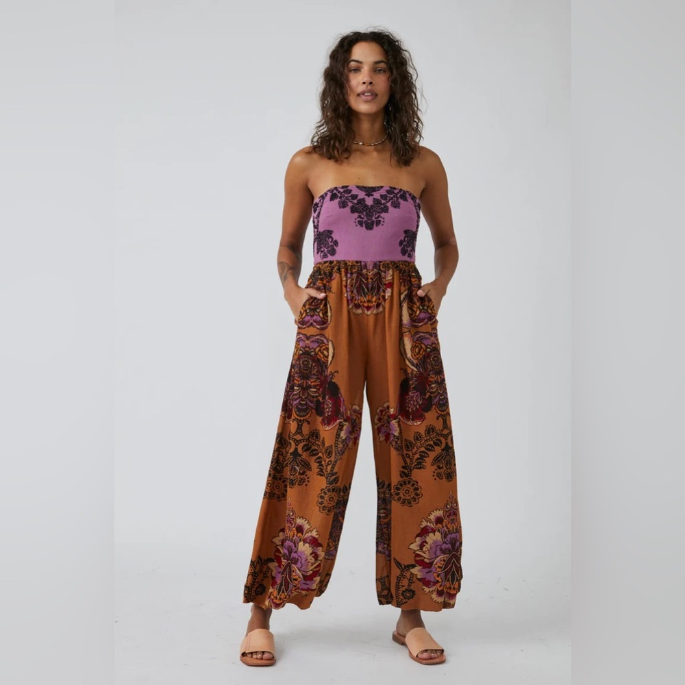 Free People bow back paisley print bandeau jumpsuit
